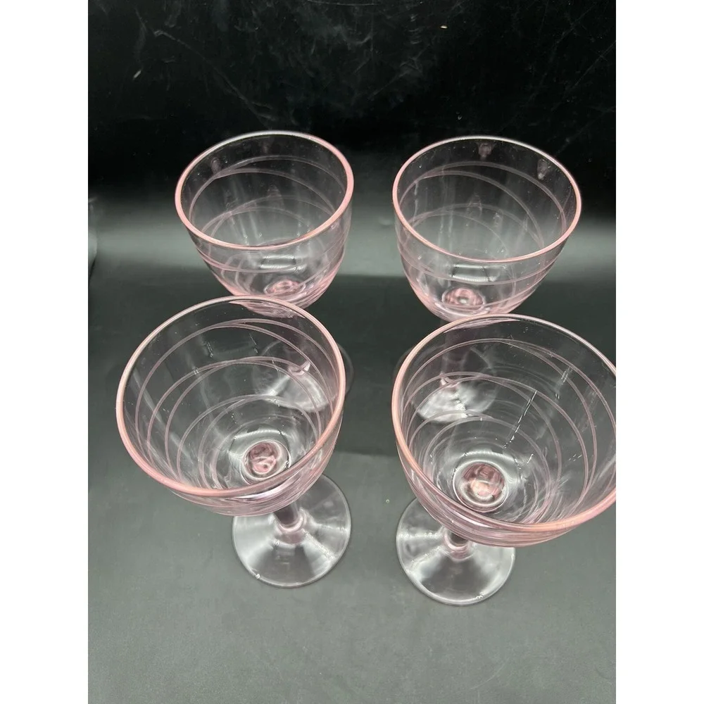 Vintage Pink MCM Wine Glasses w Etched Swirl Pattern Thick Stem  7